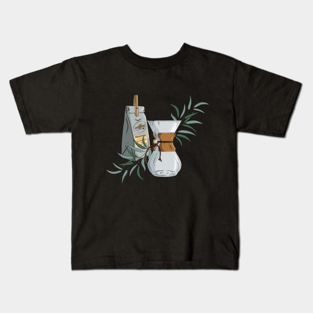 Cute Coffee Maker - Medium Roast Coffee and Eucalyptus Kids T-Shirt by Mada's Coffee Shop